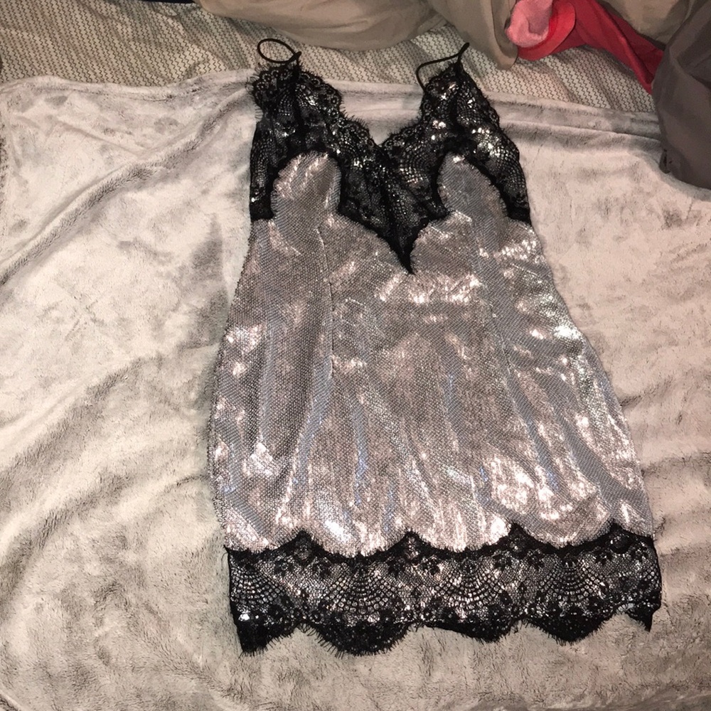 Silver Sequin Lace Trim Bodycon Dress